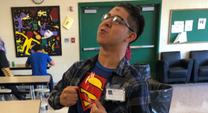 Student dresses as Clark Kent (Superman) for unofficial Character Day.