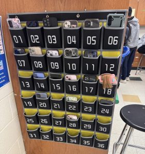 Cell phone compartments like the one pictured here are available in each classroom at the high school. 